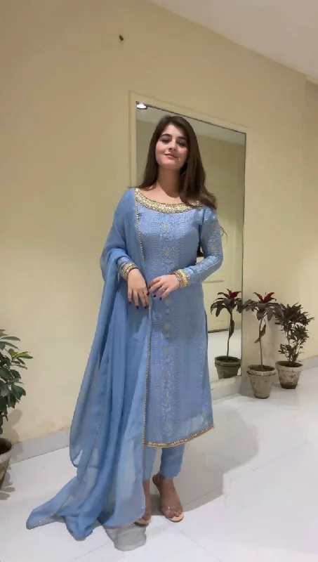 Preksha Creation Designer Wear Trending Faux Georgette Top With Cotton Thread Embroidered Work And Pant With Dupatta - Sky Blue Trendy Printed Pants