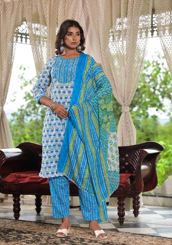 Juniper Women's Sky Blue Ethnic Motif Printed Cotton Kurta, Pant And Dupatta Set With Zari & Mirror Work Stylish Slim Trousers