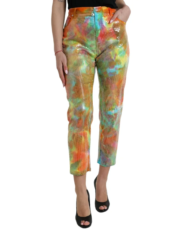 Dolce & Gabbana Multicolor High Waist Cropped Women's Pants Lightweight Linen Pants