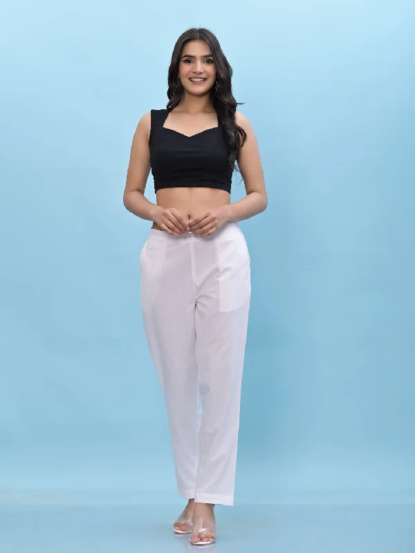 Juniper Women's White Solid Cotton Pants with Partially Elasticated Waistband and Two Side Pockets High-Waist Yoga Pants
