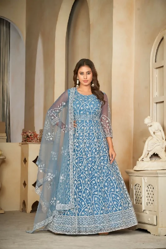 Jyoti Fashion Women's Sky Blue Net Embroidered Anarkali Kurta Pant Set With Dupatta Chic Capri Pants