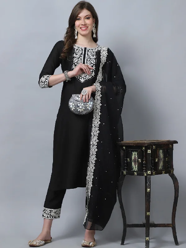 Indian Fashion Women Black Embroidery silk Kurta, Pant And Dupatta Set Fashionable Tapered Leg Pants