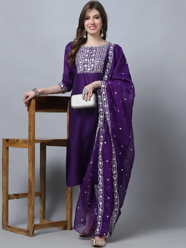 Indian Fashion Women Purple Embroidery silk Kurta, Pant And Dupatta Set Comfy Zip-Up Pants