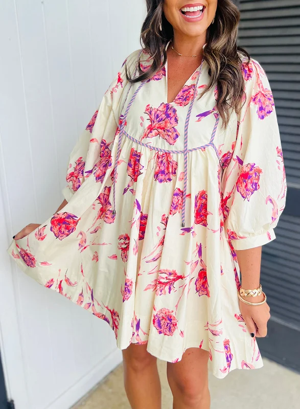 Blue Zone Planet |  Pink Floral Print Balloon Sleeve V Neck Mini Dress Chic Sleeveless Mini Dress