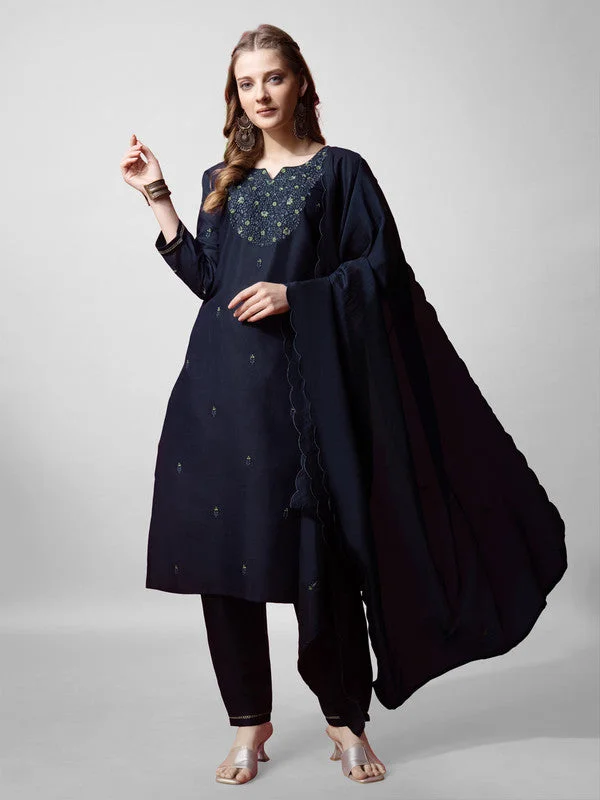 Malishka Women's Navy Embroidered Cotton Blend Kurta Pant Set With Dupatta Soft Stretch Leggings