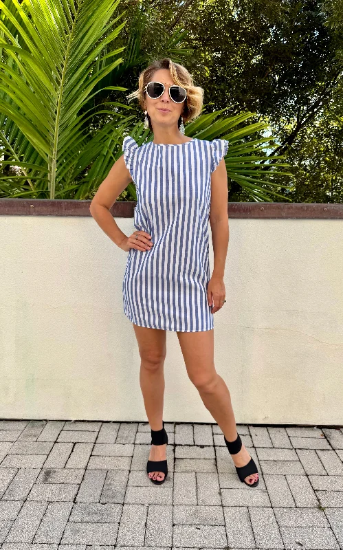 Ladies Short Sleeve Striped Mini Dress in Blue and White in Size Small Cozy Knitted Mini Dress