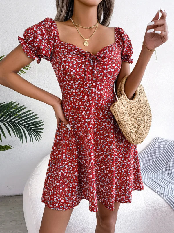 Blue Zone Planet | Bell Sleeve Drawstring Tie Floral Swing Mini Dress Cozy Ribbed Mini Dress