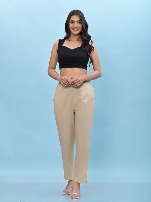 Juniper Women's Beige Solid Cotton Pants with Partially Elasticated Waistband and Two Side Pockets Comfortable Pleated Pants
