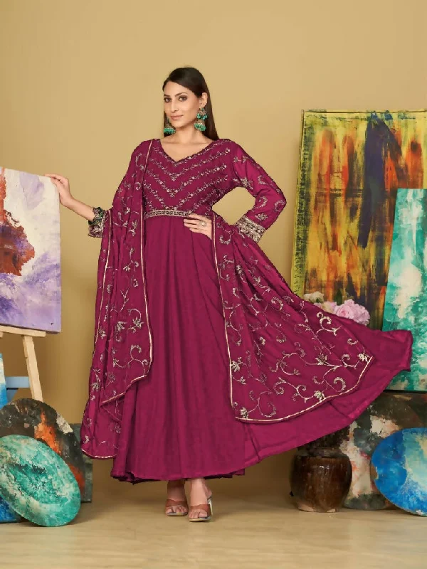 Jyoti Fashion Women's Rani Pink Georgette Embroidered Anarkali Kurta Pant Set With Dupatta Comfy Athletic Pants