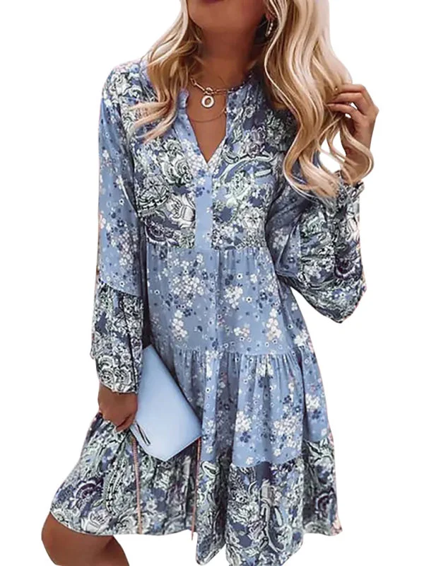 Blue Zone Planet |  V-neck floral mosaic printed skirt cropped sleeve layered mini dress Trendy Wraparound Mini Dress