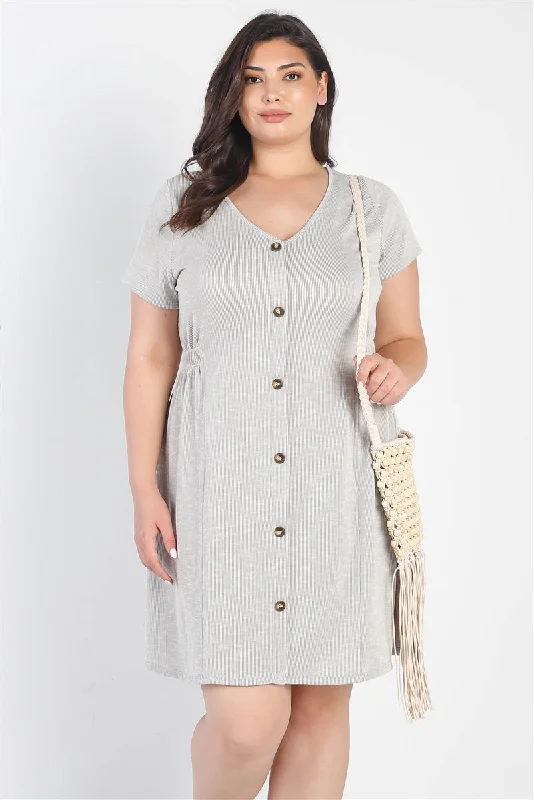 Plus Warm Grey Textured Button-up Short Sleeve Mini Dress Cozy Knitted Mini Dress