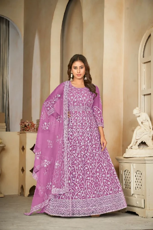 Jyoti Fashion Women's Purple Net Embroidered Anarkali Kurta Pant Set With Dupatta High-Waist Jogger Pants