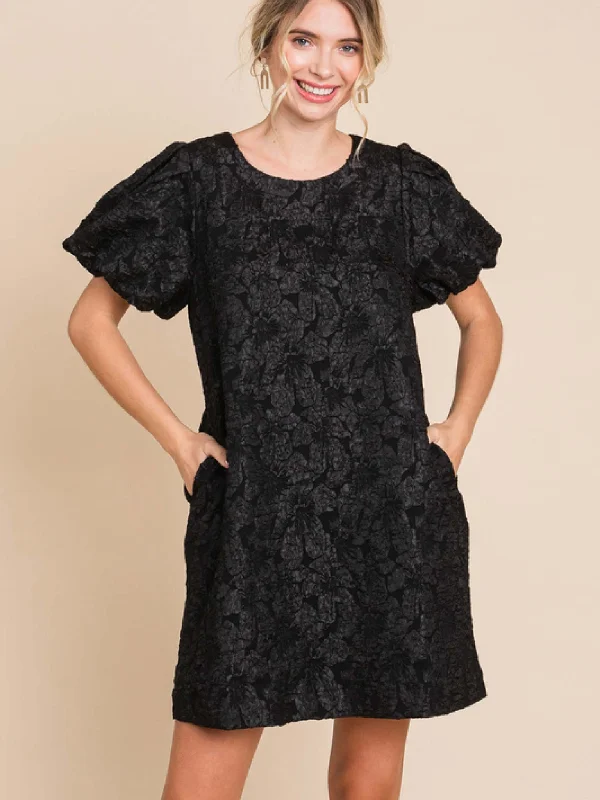 Jacquard Puff Sleeve Mini Dress Comfortable Shift Mini Dress