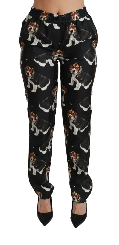Dolce & Gabbana Elegant Silk Puppy Dog Print Women's Pants Classic Straight-Leg Pants