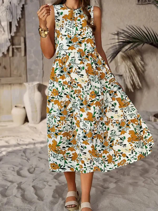 Blue Zone Planet |  Spring and summer halter neck loose holiday multi-layer print dress Tunics Print Colorful
