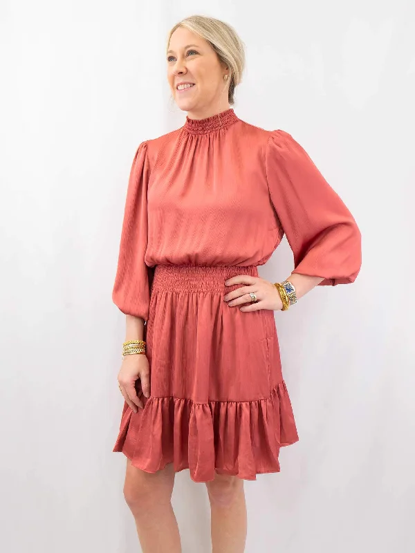 Terracotta Satin Mock Neck Mini Dress Elegant Mini Dress with Ruffles