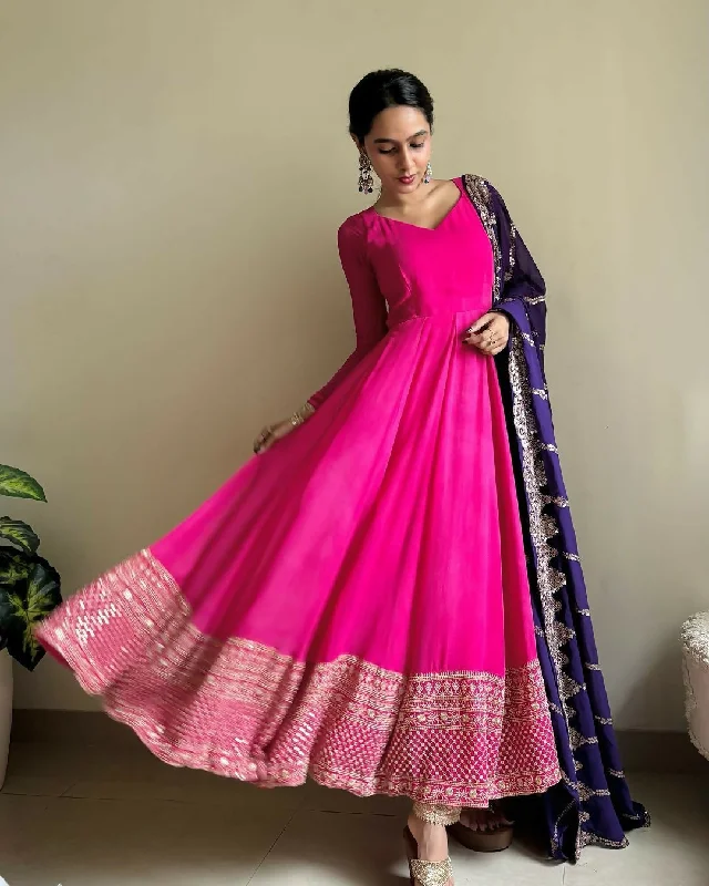 Preksha Creation Women Gown Faux Georgette With Thread Sequin With Dupatta And Pant - Blue Relaxed Fit Trousers