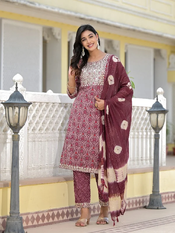 Juniper Women's Wine Ethnic Motif Printed Cotton Kurta, Pant And Dupatta Set With Zari Work & Sequins Formal Linen Trousers