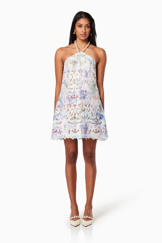 Berlin Halter Neck Mini Dress In Blue Elegant Satin Lace Mini Dress