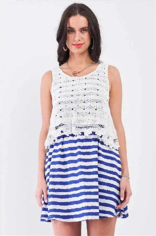 Love Blue Stripes Floral Embroidery Layered Top Mini Dress Comfortable Fit-and-Flare Mini Dress