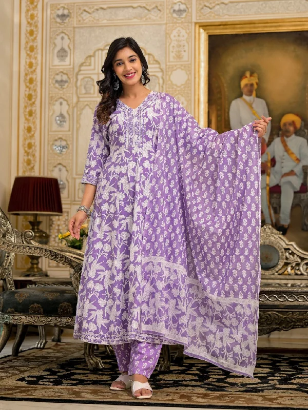 Juniper Women's Lavender Floral Printed Rayon Kurta, Pant And Dupatta Set With Thread & Sequins Work Chic Capri Pants
