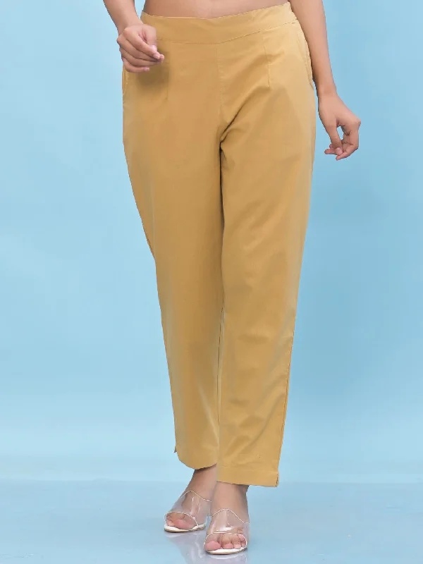 Juniper Women's Gold Solid Cotton Pants with Partially Elasticated Waistband and Two Side Pockets Relaxed Casual Leggings