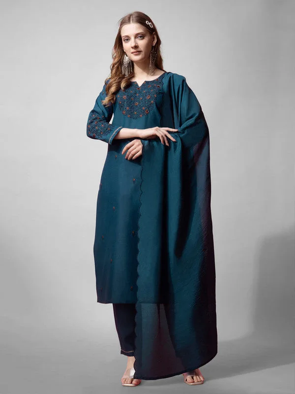 Malishka Women's Morpich Embroidered Cotton Blend Kurta Pant Set With Dupatta Chic Checkered Pants