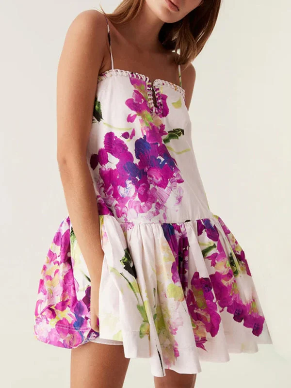 Blue Zone Planet | Lee's Ruffled Skirt Strappy Floral Print Mini Dress Cozy Cotton Mini Dress