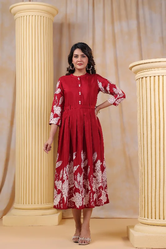 Red Muslin Abstract Print Mini Dress With Belt Elegant Floral-Print Mini Dress