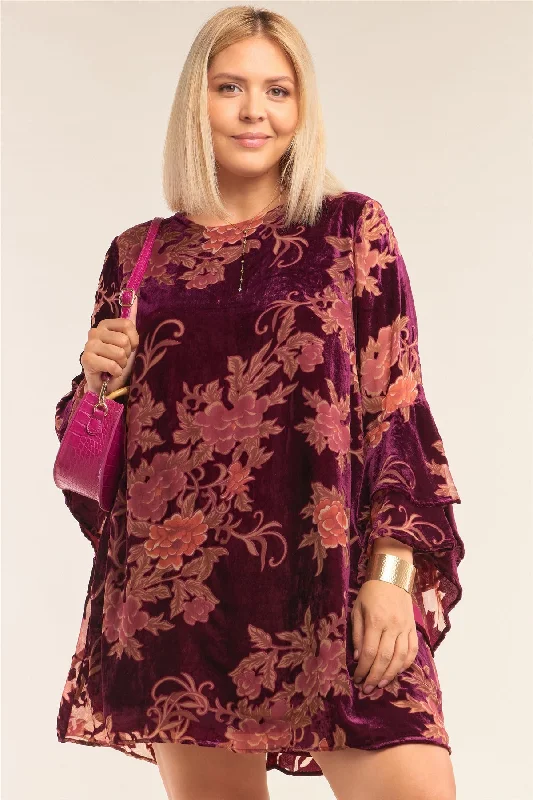 Plus Size Velvet Floral Pattern Long Angel Sleeve Round Neck Relaxed Fit Mini Dress Stylish Short Sleeve Mini Dress