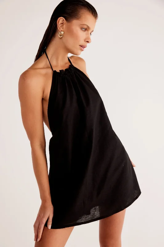 SNDYS ALYSSE HALTER MINI DRESS - BLACK Modern Satin Mini Dress