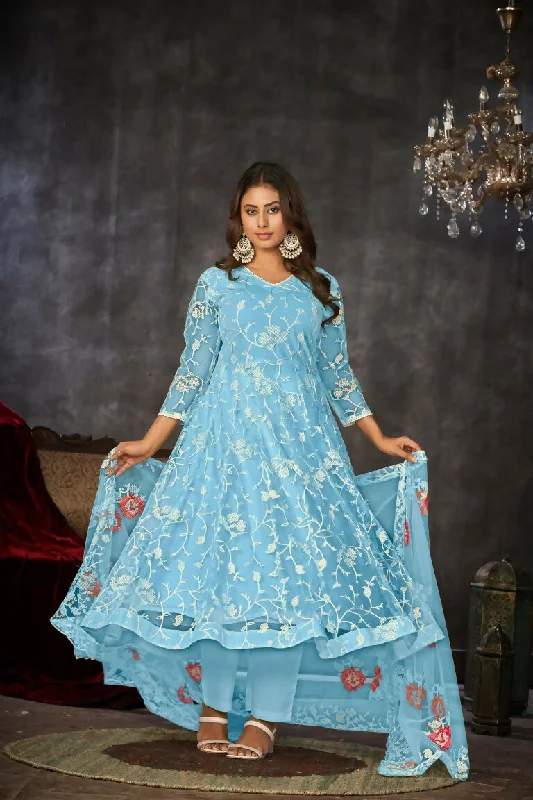 Jyoti Fashion Women's Sky Blue Net Embroidered Anarkali Kurta Pant Set With Dupatta Slim Fit Casual Pants