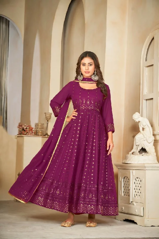 Jyoti Fashion Women's Wine Georgette Embroidered Anarkali Kurta Pant Set With Dupatta Relaxed Lounge Trousers