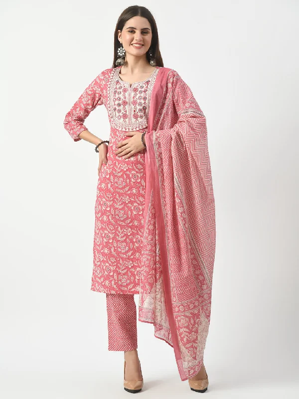Pink Printed and Embroidered Kurta Pant With Dupatta Set - Rasiya Slim-Fit Khaki Pants Pink Printed and Embroidered Kurta Pant With Dupatta Set - Rasiya Slim-Fit Khaki Pants