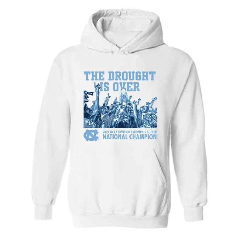 UNC - NCAA Women's Soccer : Asha Means - The Drought Is Over Hooded Sweatshirt Hoodie with Set-In Sleeves Structured Classic