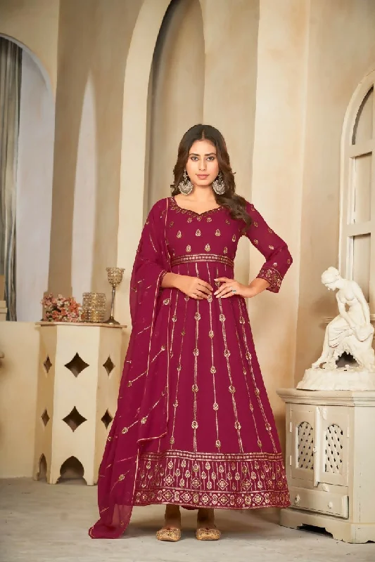 Jyoti Fashion Women's Rani Pink Georgette Embroidered Anarkali Kurta Pant Set With Dupatta Elegant Wool Trousers