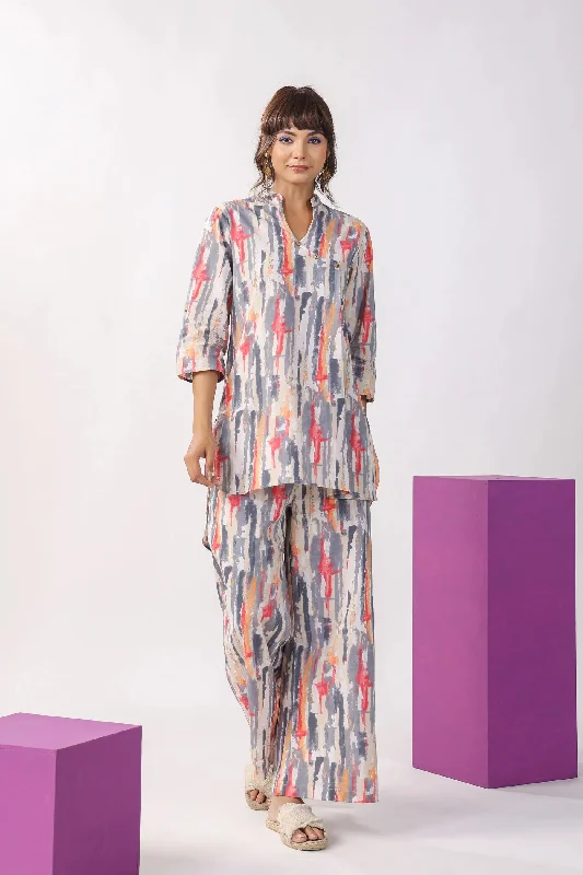 Indian Fashion Women Multicolour Printed Kurta And Pant Co Ord Set Elegant High-Waist Pants