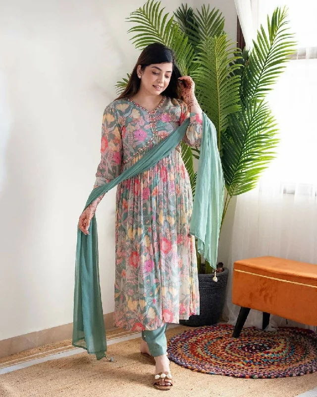 Preksha Creation Designer Fine Cotton Suit Set Full Flared Mugal Print Straight Suit With Dupatta And Pant - Sky Blue Comfortable Cargo Pants