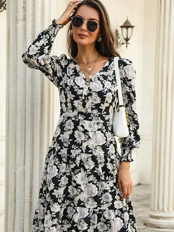 Blue Zone Planet |  Emily's Floral Print V-Neck Long-Sleeved Mini Dress Elegant Off-Shoulder Dress Mini