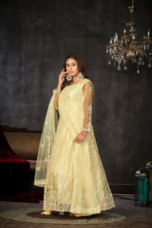 Jyoti Fashion Women's Cream Net Embroidered Anarkali Kurta Pant Set With Dupatta Soft Sweatpants Style