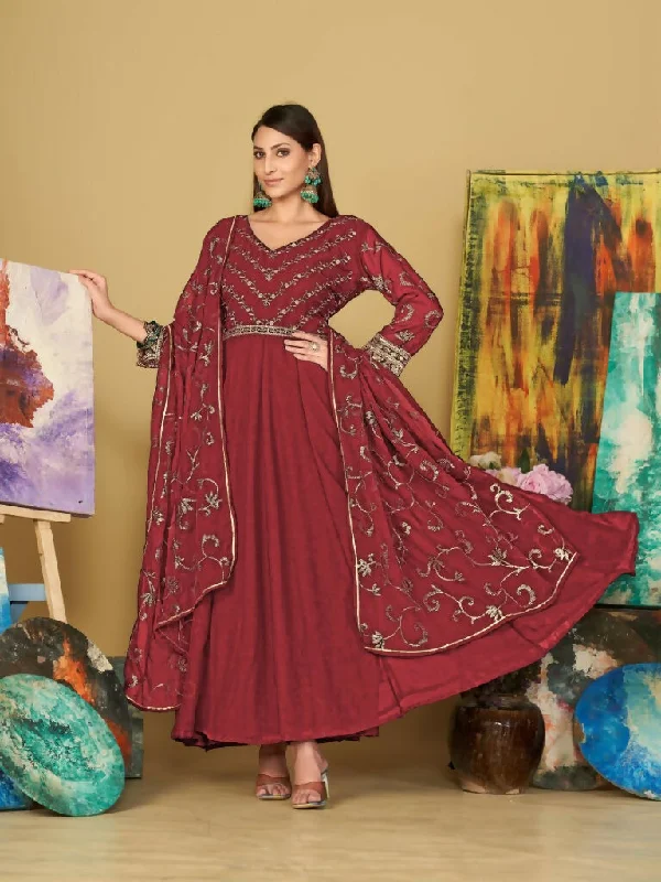 Jyoti Fashion Women's Maroon Georgette Embroidered Anarkali Kurta Pant Set With Dupatta Elegant Trouser Pants