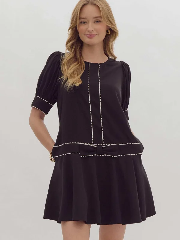 Black Bow and White Scalloped Trim Mini Dress Chic Tropical Mini Dress