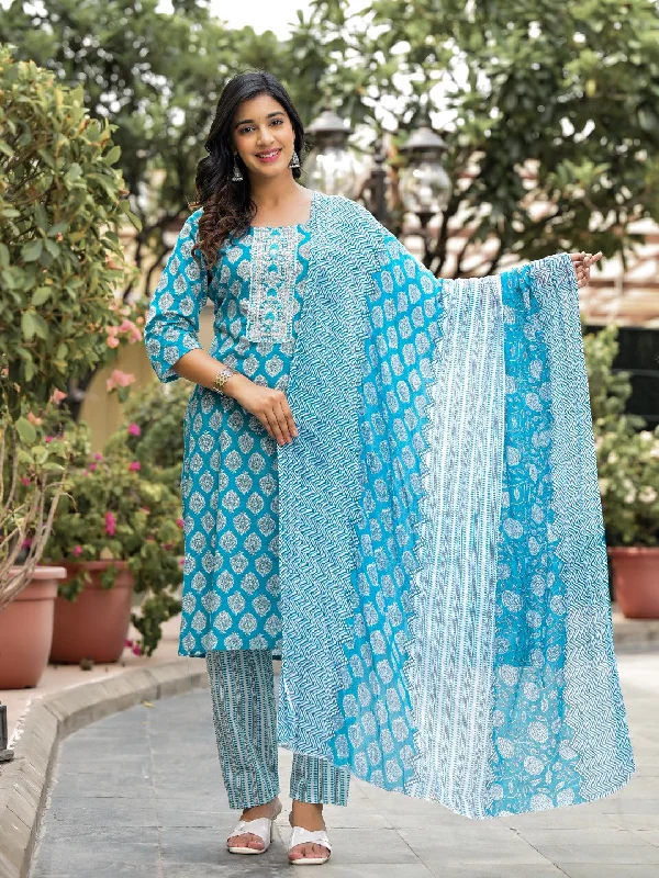 Juniper Women's Blue Ethnic Motif Printed Cotton Kurta, Pant And Dupatta Set With Zari Work Classic Flared Pants