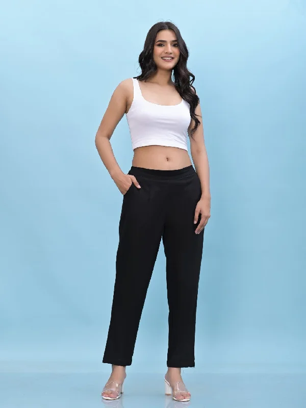 Juniper Women's Black Solid Cotton Pants with Partially Elasticated Waistband and Two Side Pockets Classic Stretch Pants