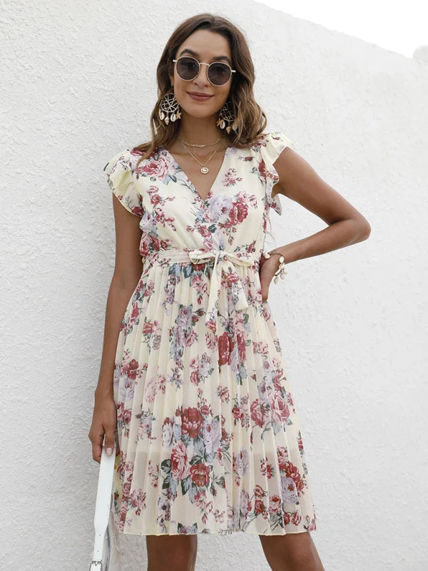 Blue Zone Planet |  European station elegant V-neck waist tie floral print dress Off-the-shoulder Chic Trendy