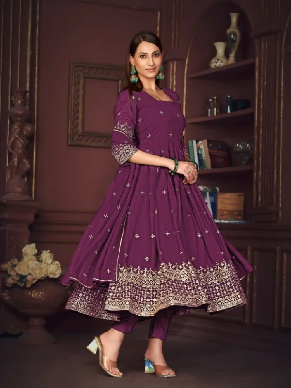 Jyoti Fashion Women's Purple Georgette Embroidered Anarkali Kurta Pant Set With Dupatta Slim-Fit Leggings