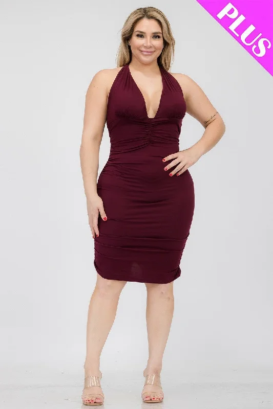 Plus Plunging Neck Crisscross Back Ruched Bodycon Mini Dress Casual V-Neck Mini Dress