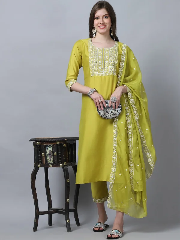 Indian Fashion Women Yellow Embroidery silk Kurta, Pant And Dupatta Set Soft Cotton Pants