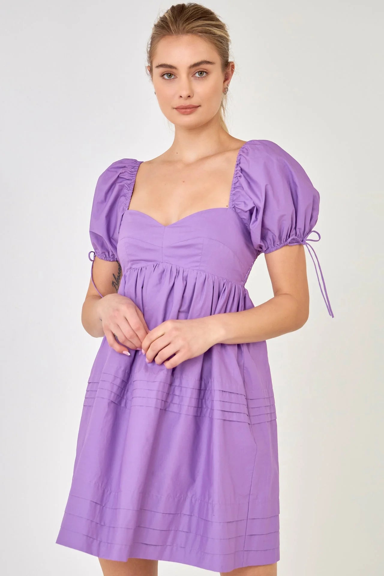 Pleated Detail Puff Sleeve Mini Dress Comfortable Off-Shoulder Mini Dress