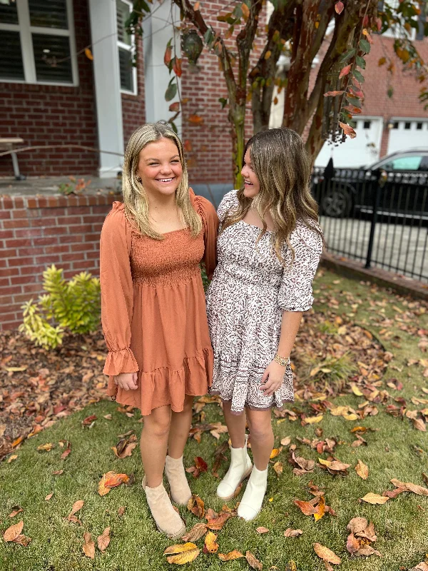 Hagan Smocked Tiered Mini Dress | Latte Stylish Ribbed Mini Dress